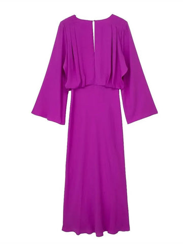 Yipinpay 2023 Purple Long Dress Women Pleated Satin Midi Dress Woman Long Sleeve Elegant Party Dresses For Women Evening Dresses